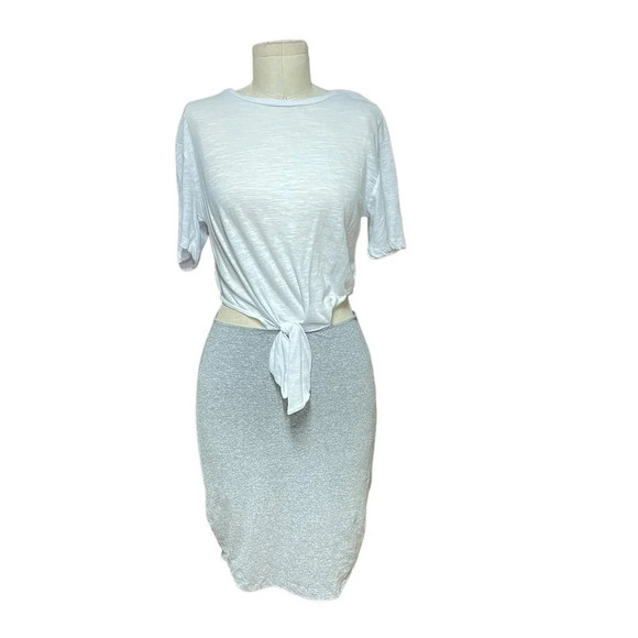 Monrow Cutout Waist Contrast T-Shirt Dress White Gray Size Small - Picture 2 of 9